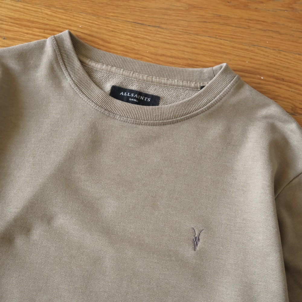 AllSaints Raven Crew Sweatshirt Taupe Brown Cotton Ramskull Logo Size Large L - Picture 3 of 9